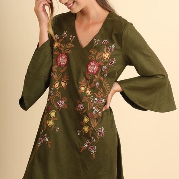 Floral Olive Bell Sleeve Embroidered Flower Dress - Picture 5 of 5